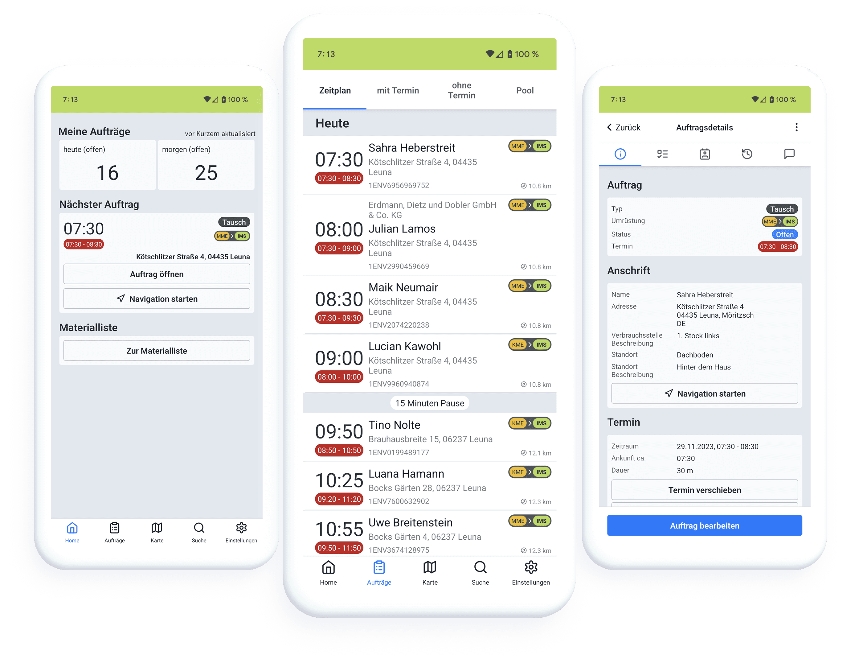 Screenshots Wechselapp: Zeitplan und Auftragdetails